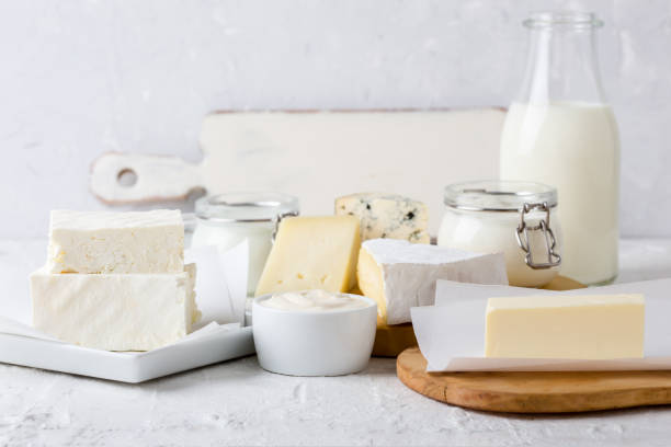 Fresh organic dairy products Fresh organic dairy products on white table calcium photos stock pictures, royalty-free photos & images
