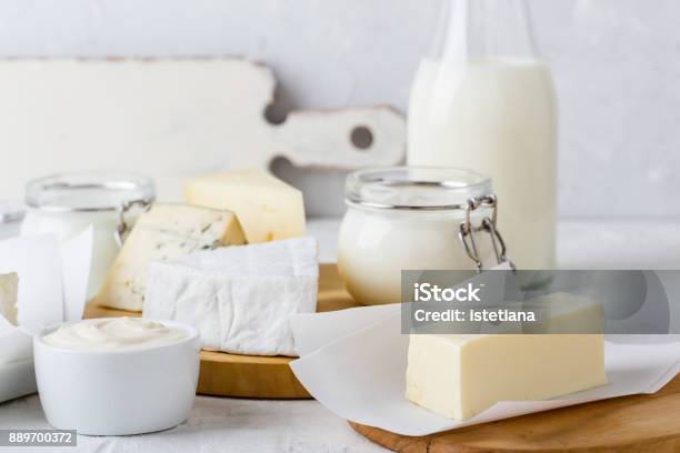 Fresh Organic Dairy Products Stock Photo - Download Image Now - Cheese, Milk, Butter
