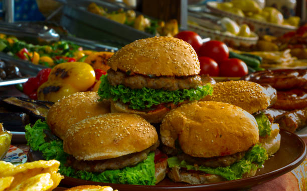 istock sandwich with meat on the table with other dishes 889700574
