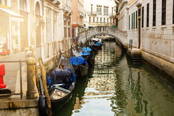 gondole parcheggiate vicino a piazza san marco a venezia - venice italy italy veneto nautical vessel foto e immagini stock