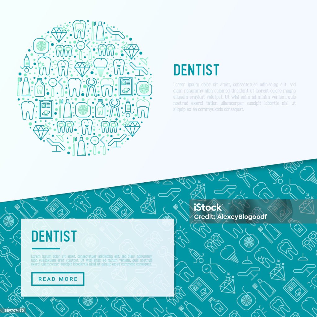 Dentist concept in circle with thin line icons of tooth, implant, dental floss, crown, toothpaste, medical equipment. Modern vector illustration for banner, web page, print media. Dental Health stock vector