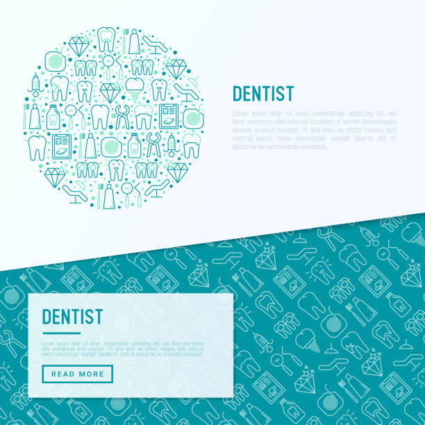 Dentist concept in circle with thin line icons of tooth, implant, dental floss, crown, toothpaste, medical equipment. Modern vector illustration for banner, web page, print media. Dentist concept in circle with thin line icons of tooth, implant, dental floss, crown, toothpaste, medical equipment. Modern vector illustration for banner, web page, print media. dentist backgrounds stock illustrations