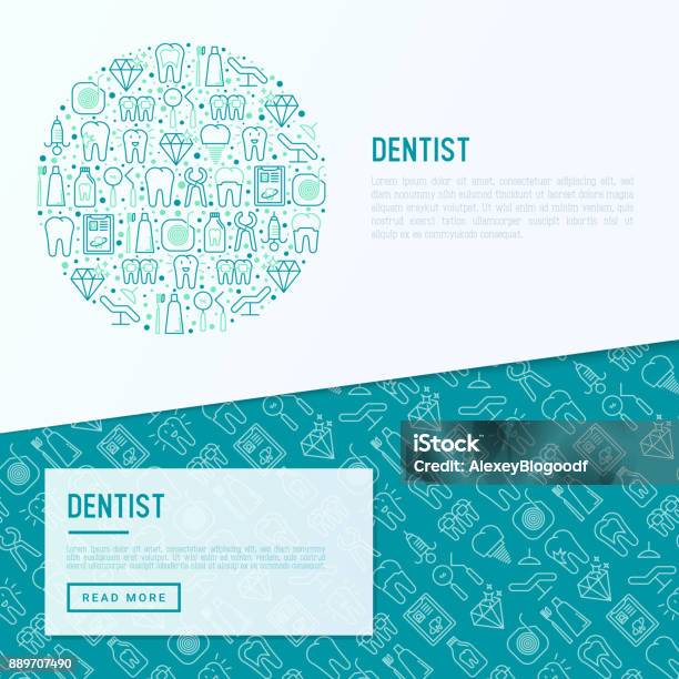 Dentist Concept In Circle With Thin Line Icons Of Tooth Implant Dental Floss Crown Toothpaste Medical Equipment Modern Vector Illustration For Banner Web Page Print Media Stock Illustration - Download Image Now