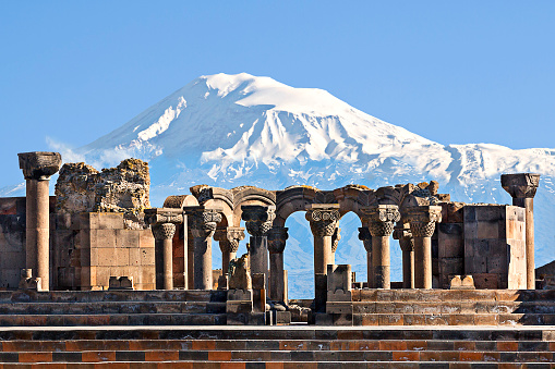 Ruins of the Temple of Zvartnots with the Mount Ararat in the background, Yerevan, Armenia.