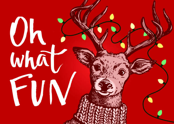 wektor pióro i atrament hipster vintage styl portret reniferów sobie dzianiny sweter z napisem christmas lights w poroża, oh what fun ręcznie napisane pismo skrypt szczotki na czerwonym tle. - renifer stock illustrations