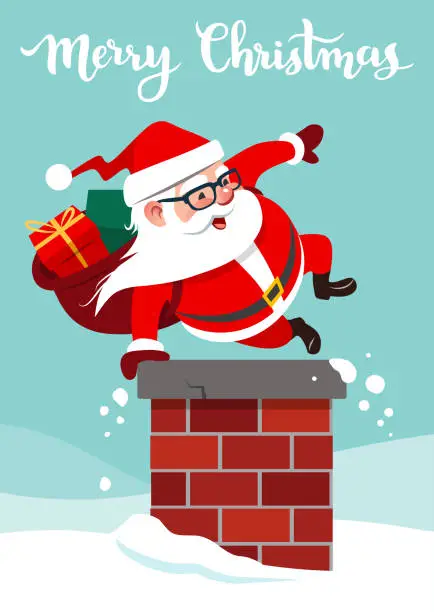 Vector illustration of Vector cartoon illustration of funny cute Santa Claus with backpack full of gifts, jumping into a chimney doing  hand vault. Christmas festive holiday theme design element in contemporary flat style.