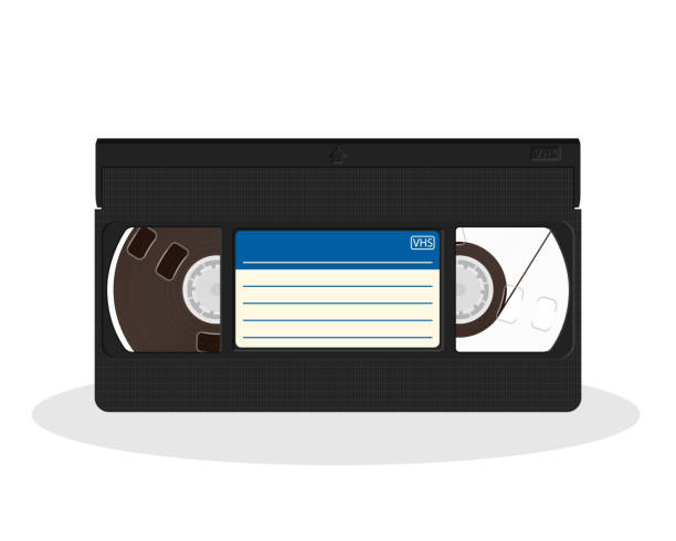 ретро видеокассета с сине-белой наклейкой изолирована на белом фоне. - camera obsolete old white background stock illustrations