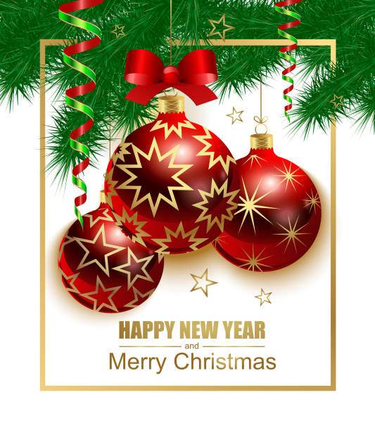 istock Happy New Year and Merry Christmas. Pozdichny poster with realistic red balls with a pattern of gold stars and a red silk bow. Green branches of the tree with carnival serpentine. Vector design. 889776830