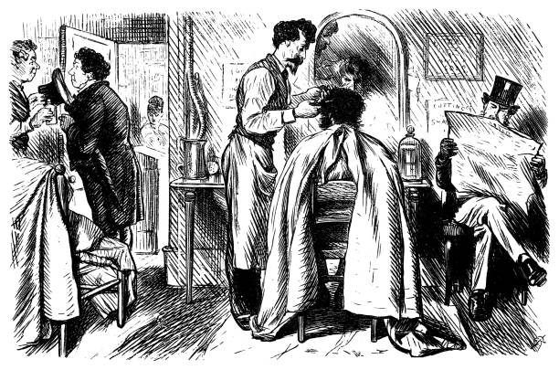 Getting a haircut Getting a haircut - Scanned 1881 Engraving barber illustrations stock illustrations