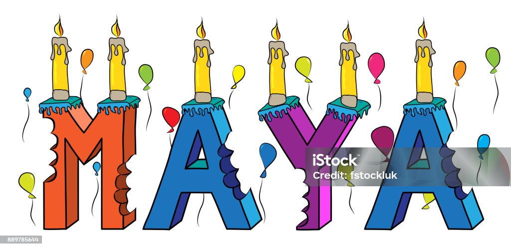 Maya First Name Bitten Colorful 3d Lettering Birthday Cake With Candles And  Balloons Stock Illustration - Download Image Now - iStock