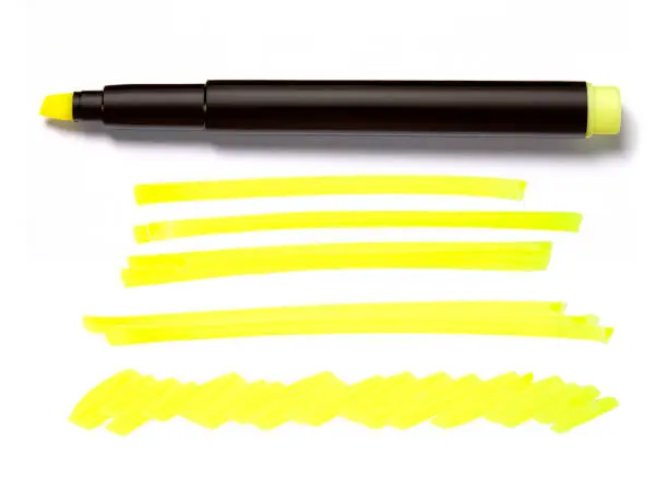 Yellow Highlighter Pen and Doodles Isolated on White Background with Real Shadow and Text Space