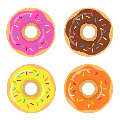 Chocolate, strawberry, lemon and orange donuts. The view from the top. Vector illustration
