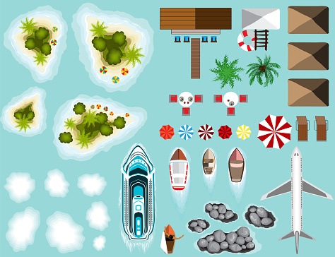 Vector Set of Plane, tropical paradise islands, Beach infrastructure, cruise ship, boats, view from above