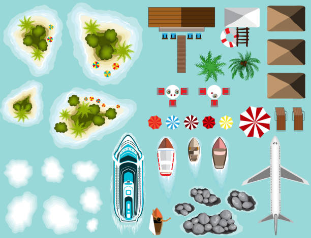 Set of Plane, islands, Beach infrastructure, ship Vector Set of Plane, tropical paradise islands, Beach infrastructure, cruise ship, boats, view from above sport set competition round stock illustrations