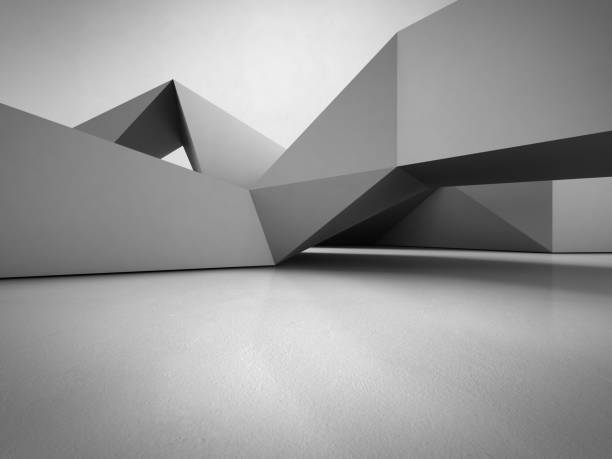 istock Geometric shapes structure on concrete floor with empty gray wall background in hall or modern showroom, Construction technology for future architecture - Abstract interior design 3d illustration 889829154