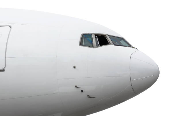 istock Close up isolated large passenger airplane nose. 889857152