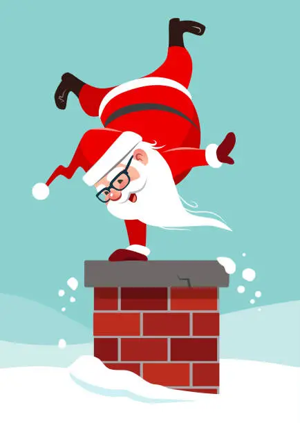 Vector illustration of Vector cartoon character illustration of cute funny Santa Claus doing a handstand on chimney. Humorous Christmas winter holiday greeting card design element in contemporary flat style.