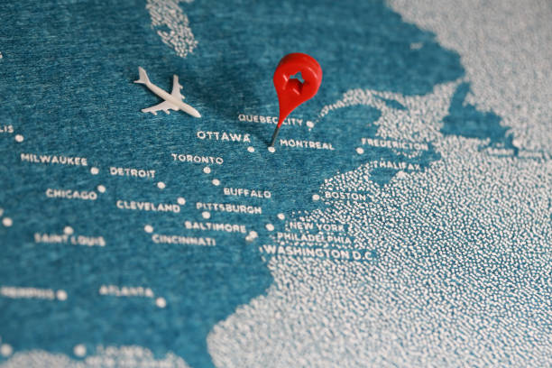 travel felt painted map in north america airplane fly on the blue felt painted map airports canada stock pictures, royalty-free photos & images