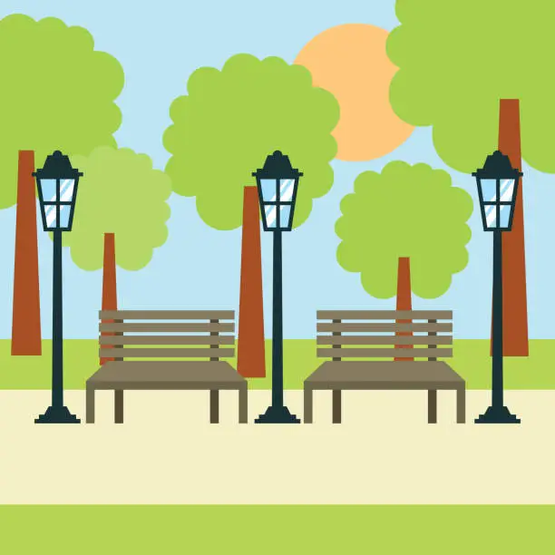 Vector illustration of two benches street lamp and tree sun landscape