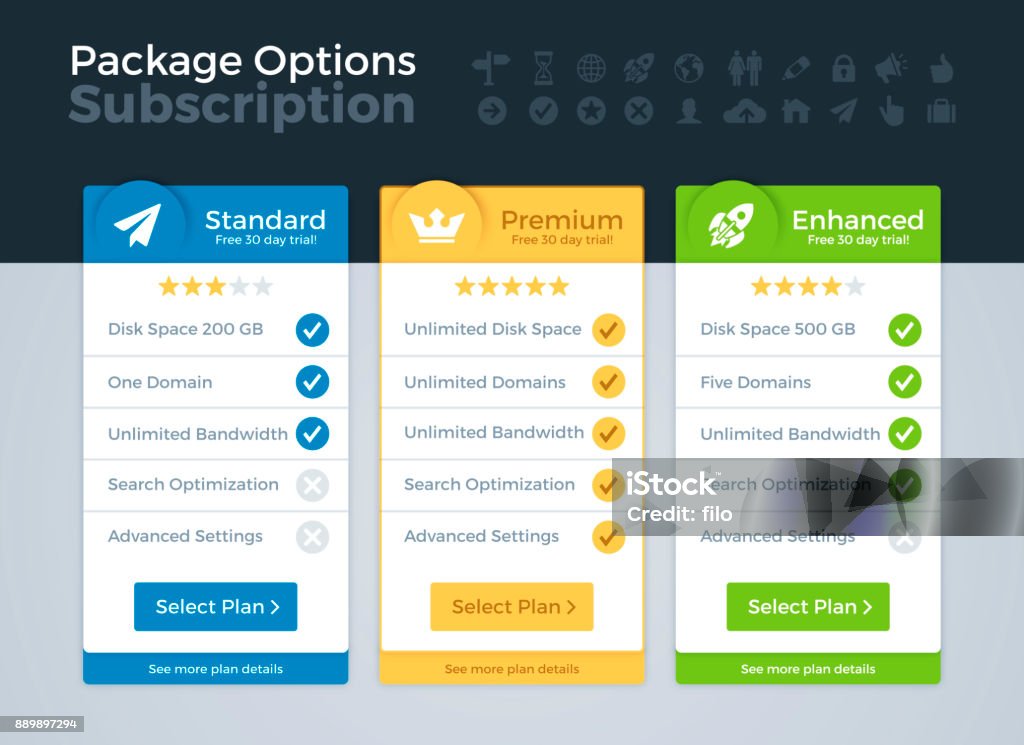 Pricing Packages Comparison Pricing comparison between different subscription packages. Price stock vector
