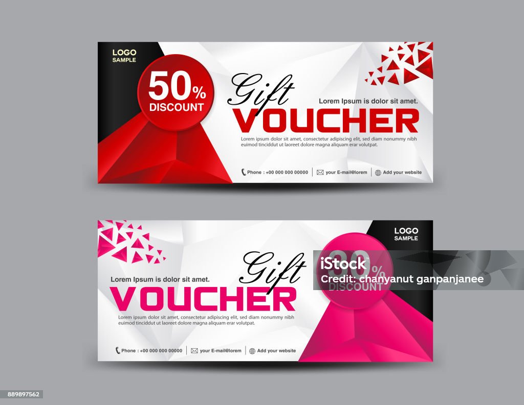 Red Discount Voucher template, Pink coupon design, ticket, banner, cards, polygon background, vector illustration Gift Certificate or Card stock vector