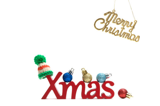 istock X-mas and merry christmas text, fur hat, ball on white background 889920188