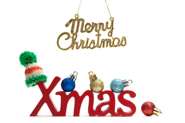 istock X-mas and merry christmas text, fur hat, ball on white background 889920196