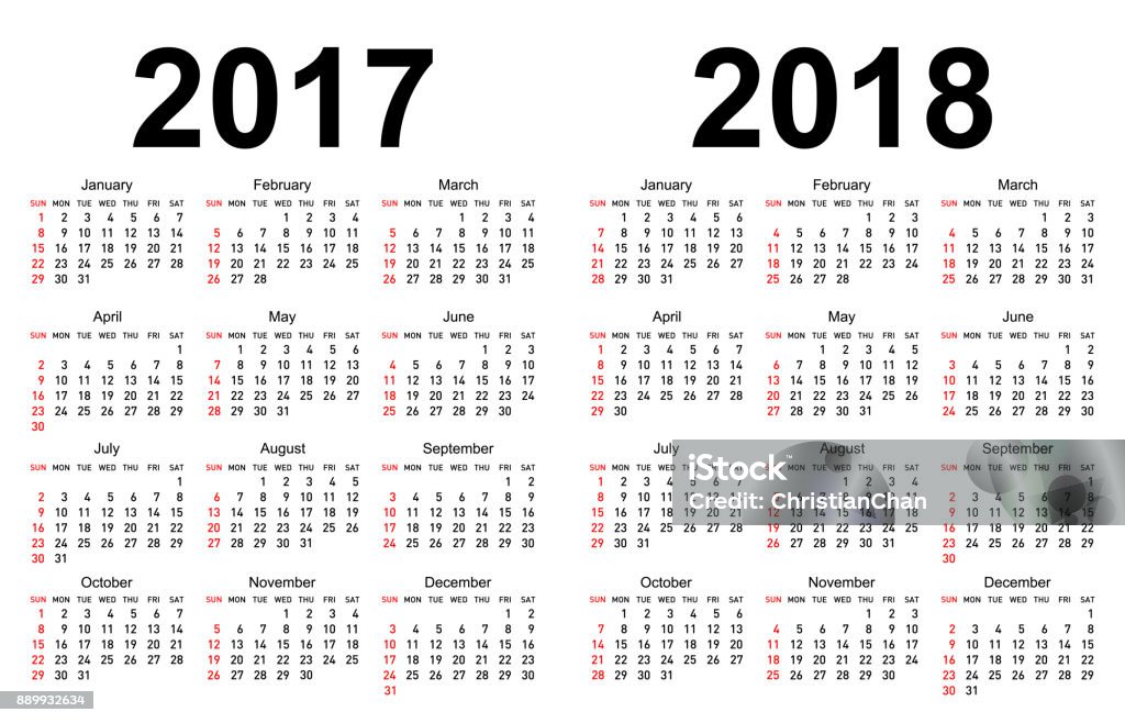 Kalender Untuk 2017 Dan 2018 Ilustrasi Stok - Unduh Gambar Sekarang - 2017,  Baru - Kondisi, Bilangan - Istock