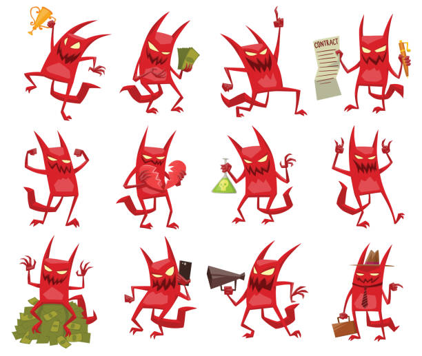 Set of twelve funny red devils Vector set of twelve cartoon images of funny red devils with horns and tails with different actions and emotions on white background. Demon, positive character,business, Halloween. Vector illustration funny contract stock illustrations