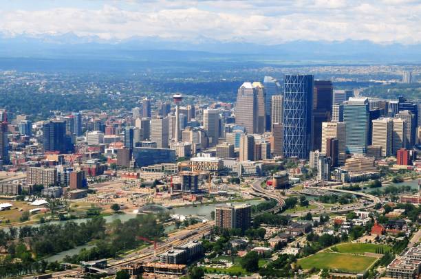 Aerial view of Calgary downtown and bow river, Alberta, Canada.