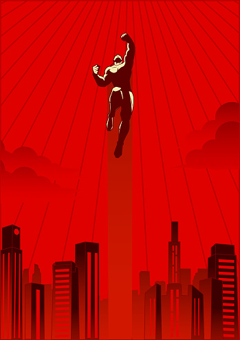 A vector retro style illustration flying upward with city skyline in the background.