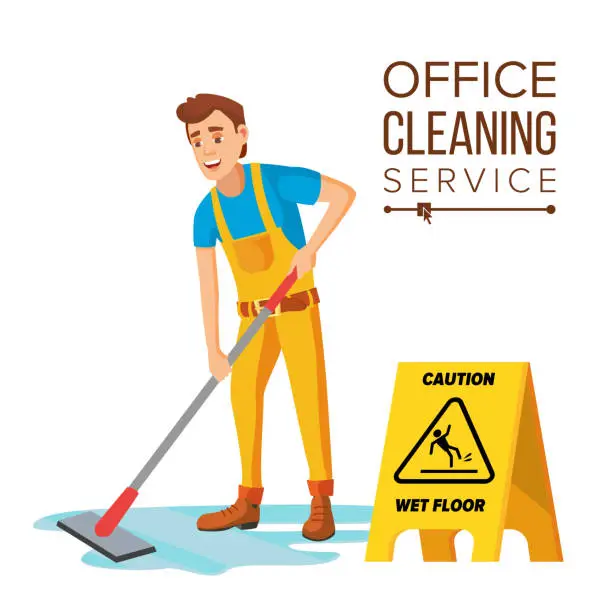 Vector illustration of Professional Office Cleaner Vector. Janitor With Cleaning Equipment. Flat Cartoon Illustration