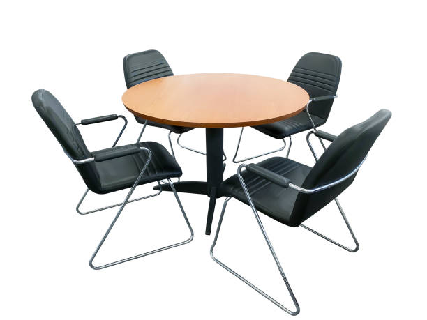 istock Wooden round table with chairs. 889994584