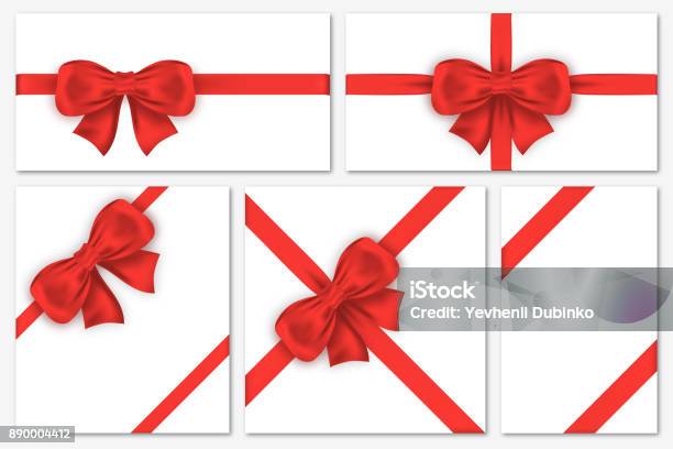 Set Of Gift Cards With Luxury Red Bows Decorative Gift Bows With Satin Ribbons For Wrapping Frames Banner Invitation Stock Illustration - Download Image Now
