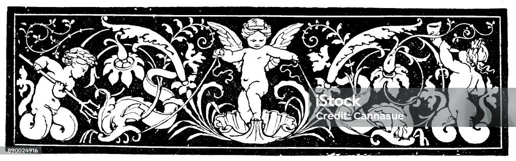 19th century engraving of a decorative page header; Depicts cherubs set against a dark background; Decorative Victorian page/book illustrations  1890 Taken from the Sunday imagine of 1890 Cherub stock illustration