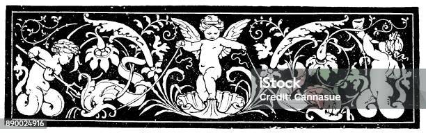 19th Century Engraving Of A Decorative Page Header Depicts Cherubs Set Against A Dark Background Decorative Victorian Pagebook Illustrations 1890 Stock Illustration - Download Image Now