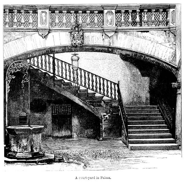 illustrations, cliparts, dessins animés et icônes de gravure du xixe siècle de majorque « a cour en palma » ; architecture victorienne historique du grand villas 1890 - old fashioned staircase antique antiquities