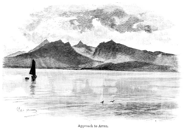 illustrations, cliparts, dessins animés et icônes de gravure du xixe siècle de ' approche d’arran, une des îles écossaises ; victorien vue à travers les eaux de la montagne derrière ; xixe siècle écossais voyage 1890 - engraving engraved image coastline illustration and painting