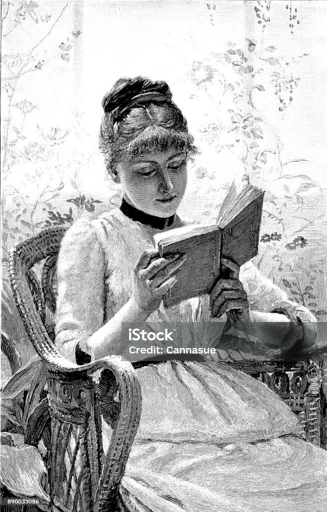 19. Jahrhundert Gravur einer hübschen jungen Dame saß in einem Korbstuhl, ihr Buch zu lesen; Viktorianische Frauen und Literatur 1890 - Lizenzfrei Frauen Stock-Illustration