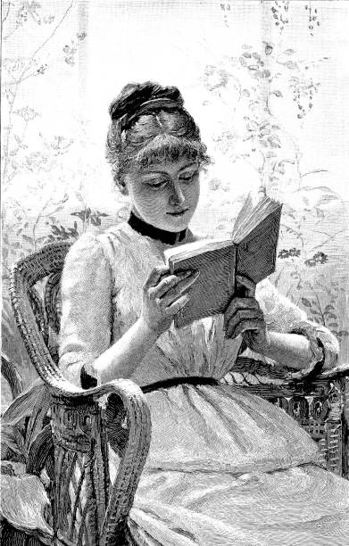 그녀의 책; 고리 버들 세공의 자에 앉아 꽤 젊은 아가씨의 19 세기 판화 빅토리아 여 성과 문학 1890 - literature stock illustrations