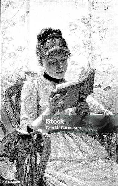 19th Century Engraving Of A Pretty Young Lady Sat In A Wicker Chair Reading Her Book Victorian Women And Literature 1890 Stock Illustration - Download Image Now