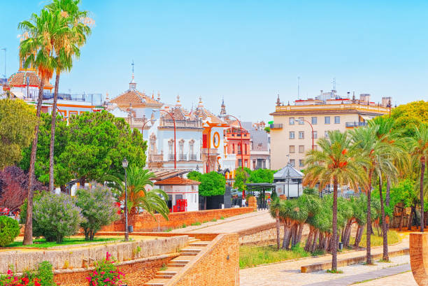 View on downtown of Seville and Guadalquivir River Promenade. Seville, Spain - June 08, 2017 : View on downtown of Seville and Guadalquivir River Promenade. Spain. seville port stock pictures, royalty-free photos & images