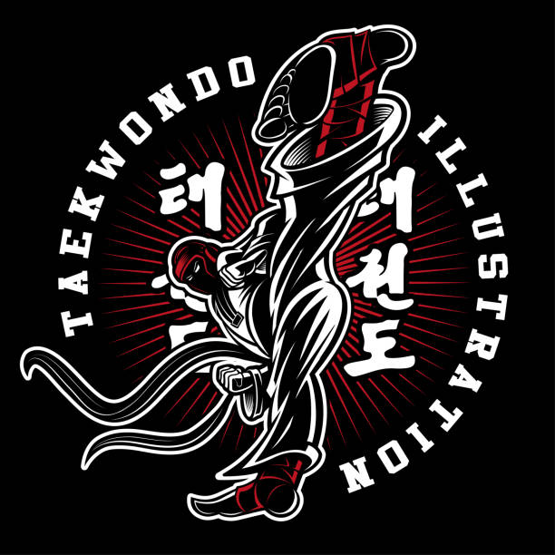 taekwondo-vektor-illustration auf dunklem hintergrund - wushu action aggression power stock-grafiken, -clipart, -cartoons und -symbole