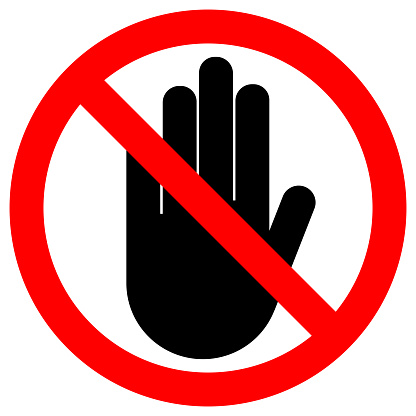 NO ENTRY sign. Stop palm hand icon in crossed out red circle. Vector.