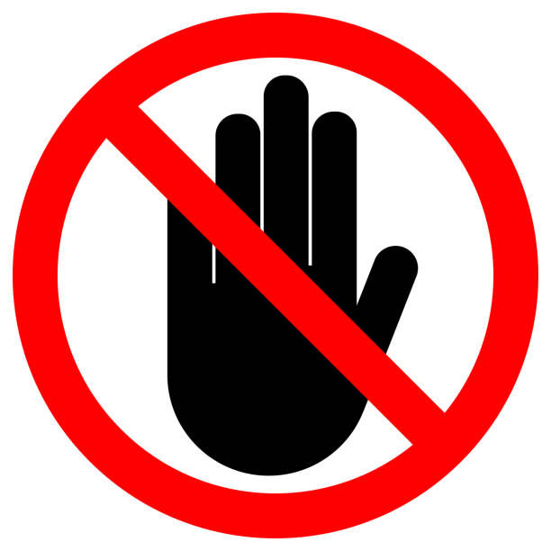 NO ENTRY sign. Stop palm hand icon in crossed out red circle. Vector vector art illustration
