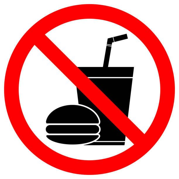 NO EATING OR DRINKING sign. Paper cup with tubule and hamburger icons in crossed out red circle. Vector NO EATING OR DRINKING sign. Paper cup with tubule and hamburger icons in crossed out red circle. Vector. denial stock illustrations