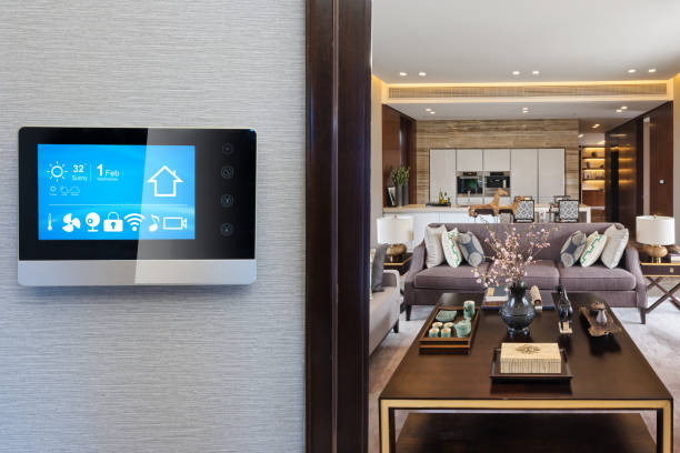 istock smart screen with smart home with modern living room 890086578