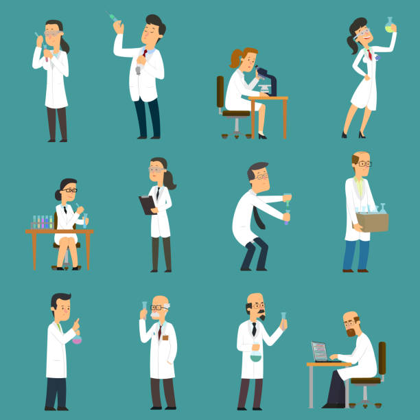 ilustraciones, imágenes clip art, dibujos animados e iconos de stock de caracteres de los científicos establecer con personas hombres y mujeres en laboratorio. - scientist lab coat doctor male