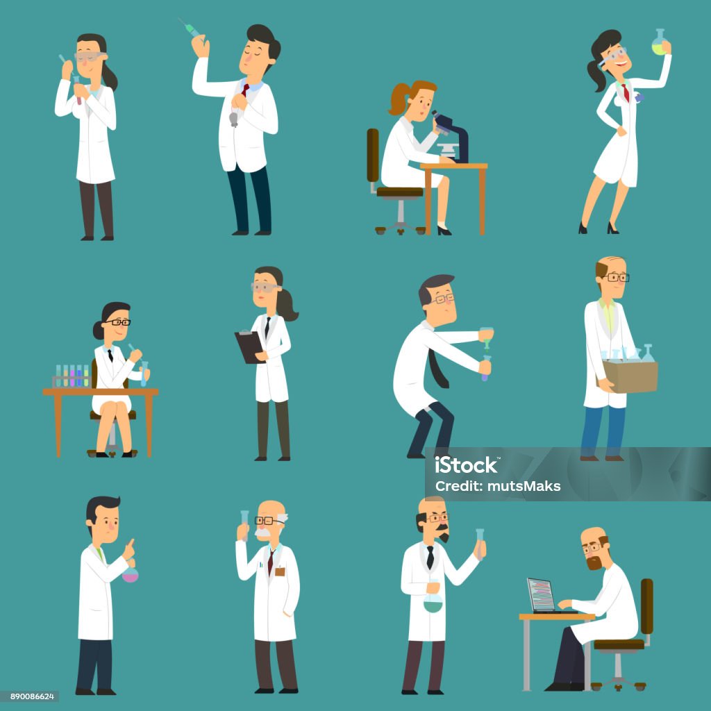 Scientists characters set with male and female people in laboratory. Scientists characters set with male and female people in laboratory. isolated vector Scientist stock vector