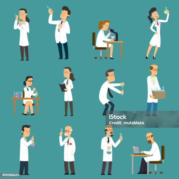 Scientists Characters Set With Male And Female People In Laboratory Stock Illustration - Download Image Now